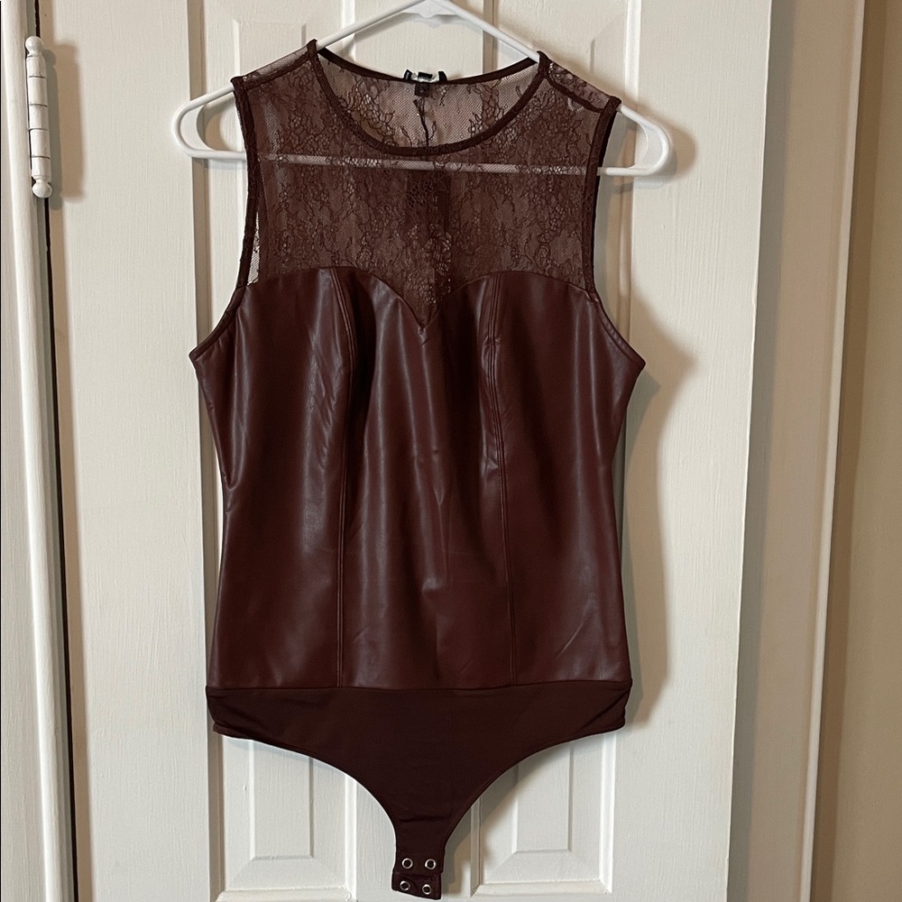 Express Brown Sleeveless Bodysuit with Lace Detail